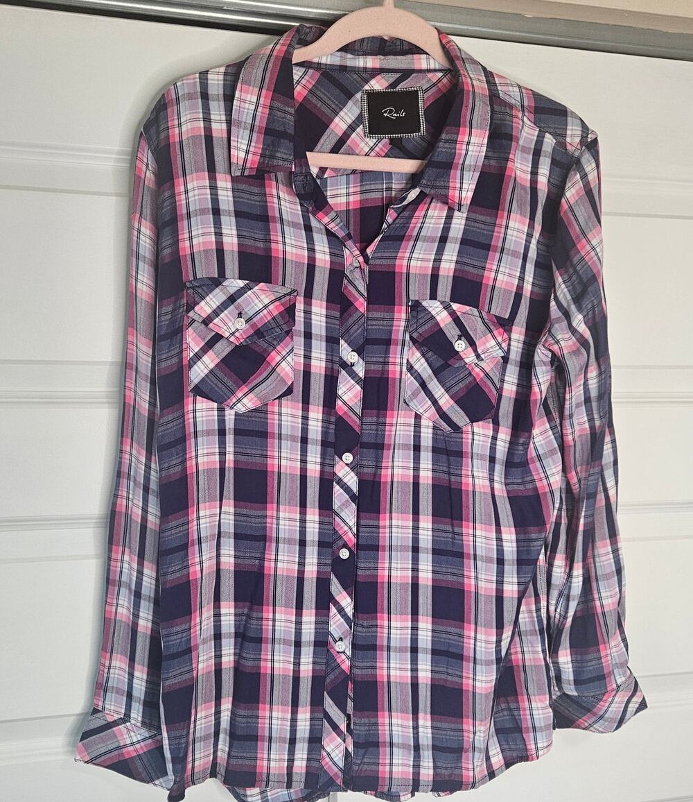Rails Hunter Plaid Button Down Shirt Navy Pink White Size L Large